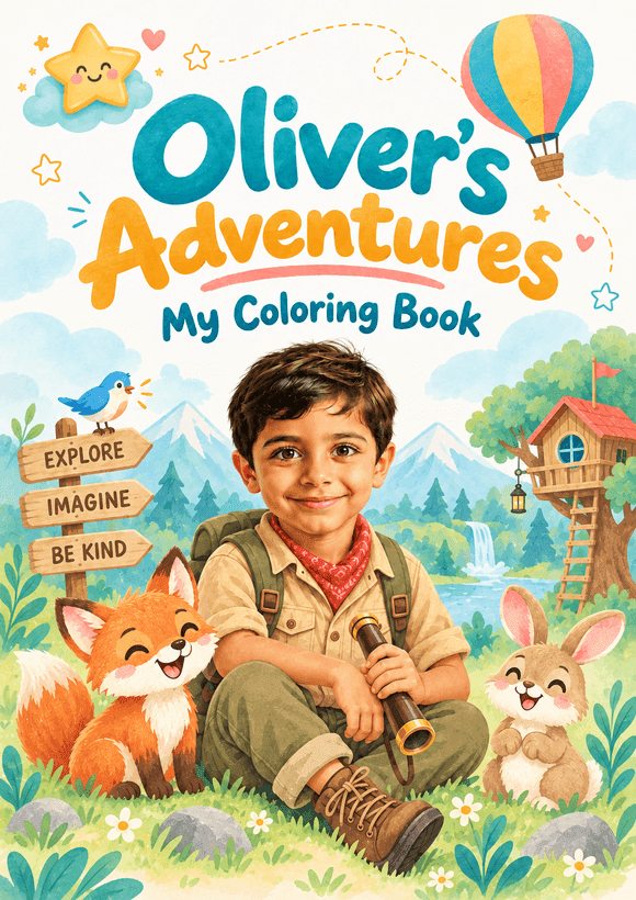 A coloring-book cover with the child’s name and photo