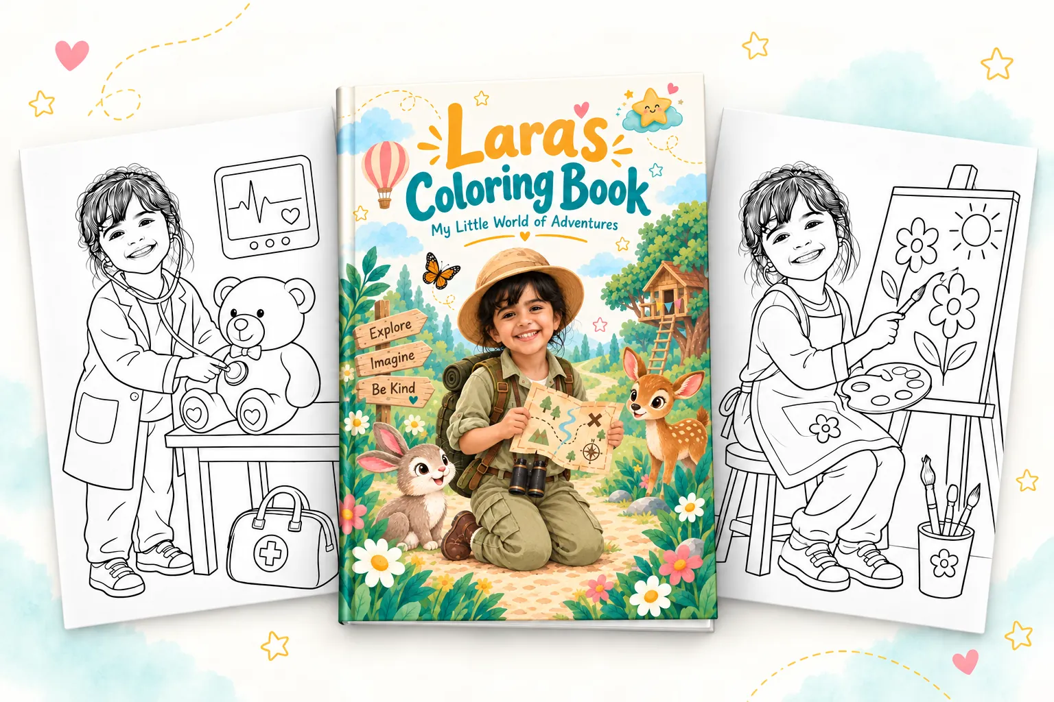 The colored cover of “Lara’s Coloring Book” in the middle, with two coloring pages beside it: Lara the doctor and Lara the artist