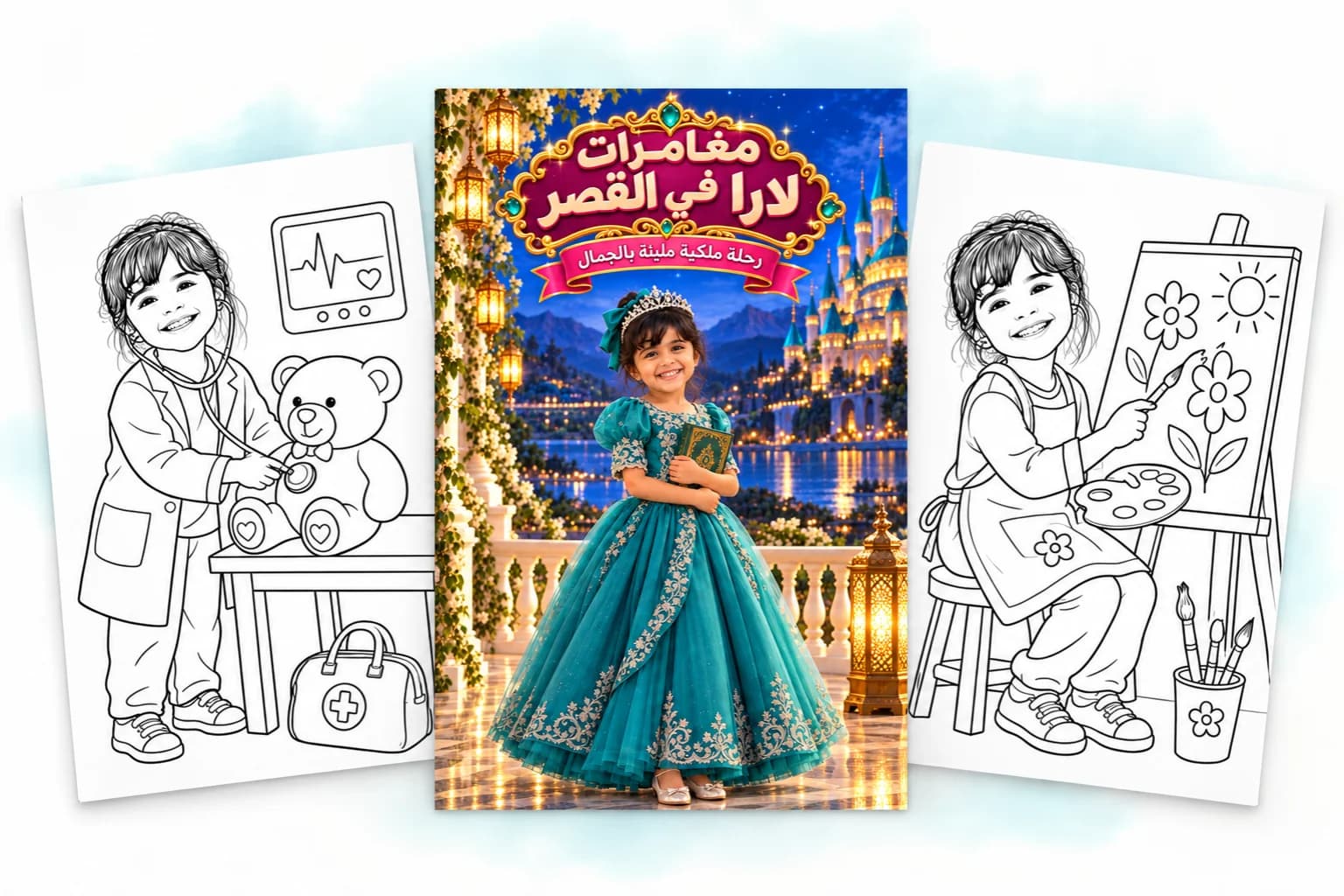 غلاف كتاب «مغامرات الأميرة لارا» الملوّن في الوسط، وعلى جانبيه نموذجان للتلوين: لارا طبيبة ولارا رسّامة