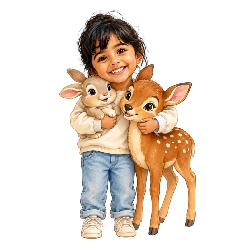بنت تحضن أرنبًا وغزالًا بأسلوب كتب نوري