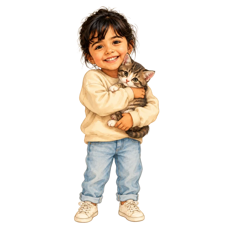 بنت تحضن قطة صغيرة بأسلوب كتب نوري